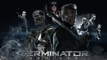 HD wallpaper of Terminator Genisys featuring a collage of key characters including a prominent depiction of Arnold Schwarzenegger.