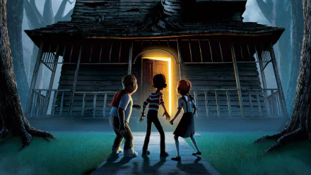 HD PC desktop wallpaper from the video game Monster House showing three kids cautiously approaching a glowing, eerie old house at night.