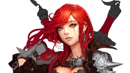 HD PC desktop wallpaper featuring Katarina from the video game League of Legends, showcasing her striking red hair and detailed armor.