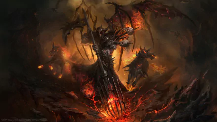 A dark and fiery HD wallpaper featuring the Grim Reaper as a demon, wielding a trident, with menacing horses emerging from a chasm, inspired by World of Warcraft.