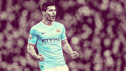 HD desktop wallpaper featuring Sergio Agüero in Manchester City F.C. kit, captured during a soccer match with an energetic crowd in the background.