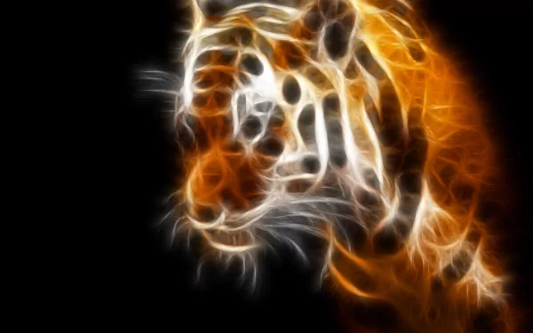 High-definition desktop wallpaper featuring a striking image of a tiger on a black background, rendered in an artistic, glowing style with vivid orange and white hues.