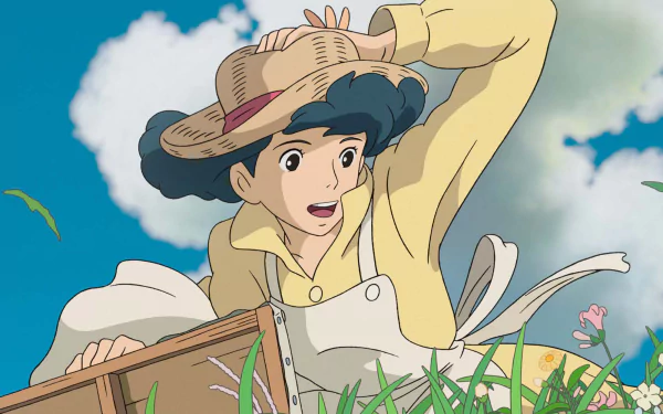 HD desktop wallpaper from The Wind Rises featuring a surprised animated female character holding onto her hat in a breezy field.