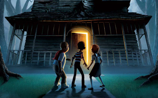 HD PC desktop wallpaper from the video game Monster House showing three kids cautiously approaching a glowing, eerie old house at night.
