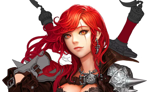 HD PC desktop wallpaper featuring Katarina from the video game League of Legends, showcasing her striking red hair and detailed armor.