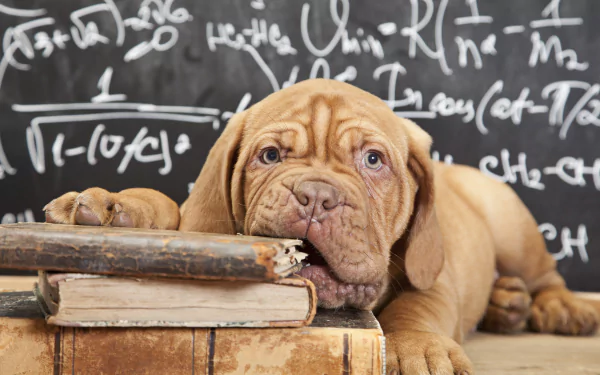 A Dogue de Bordeaux puppy rests its muzzle on a stack of old books, with a chalkboard full of scientific equations in the background. HD desktop wallpaper.