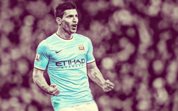 HD desktop wallpaper featuring Sergio Agüero in Manchester City F.C. kit, captured during a soccer match with an energetic crowd in the background.