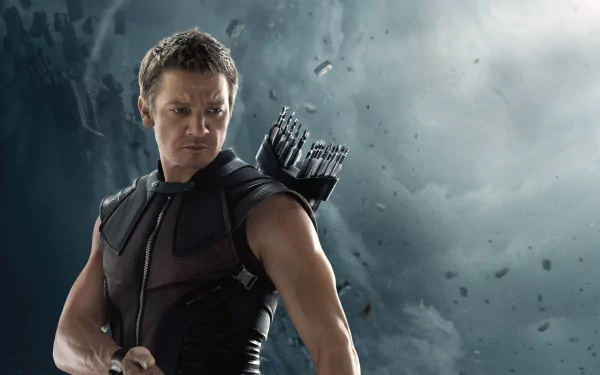 HD desktop wallpaper featuring Jeremy Renner as Hawkeye from the movie Avengers: Age of Ultron, set against a dramatic, cloudy background.
