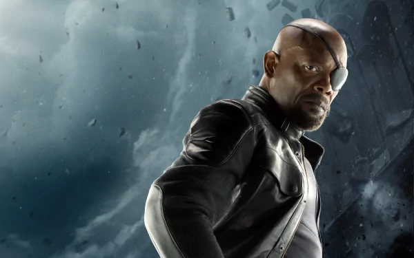 HD desktop wallpaper of Nick Fury, wearing an eye patch, portrayed by Samuel L. Jackson in the Avengers: Age of Ultron movie.