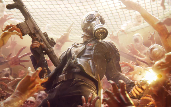 A dramatic HD wallpaper from Killing Floor 2 featuring a character in a gas mask wielding a gun, surrounded by a chaotic crowd reaching out in desperation.
