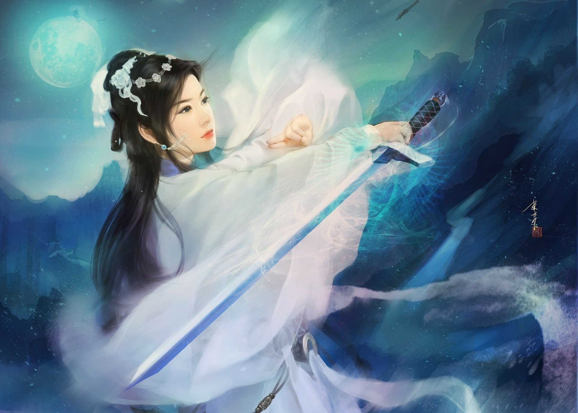 HD PC desktop wallpaper of a fantasy woman warrior wielding a glowing sword, surrounded by mystical blue and white ethereal clouds under a glowing moon.