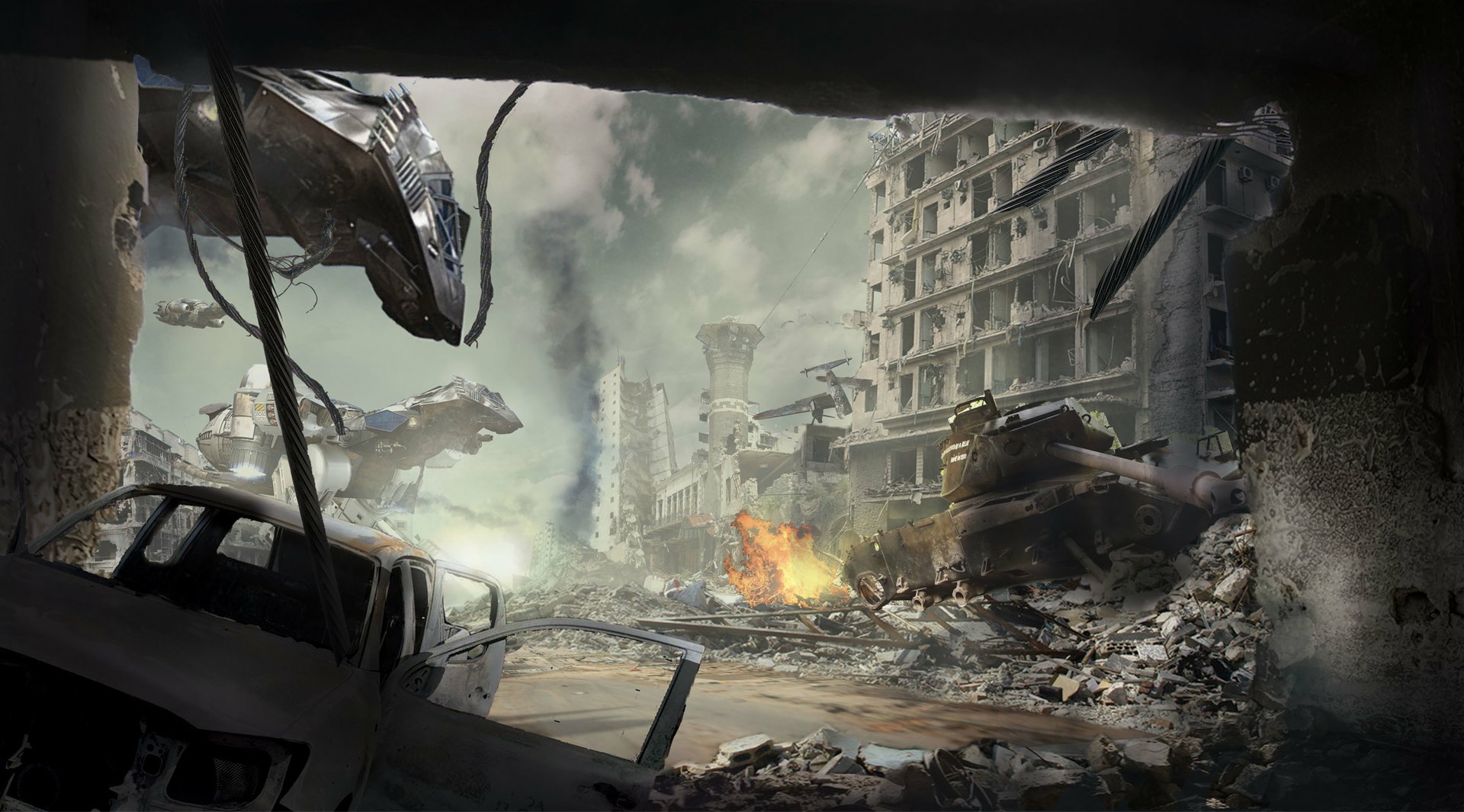 Sci-fi war HD PC desktop wallpaper and background: ruined city battlefield with burning tank, wrecked cars, hovering warships and crumbling towers under smoky skies.