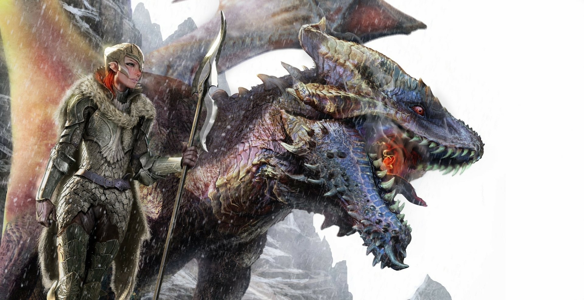 A fantasy warrior clad in armor stands beside a fierce dragon, set against a misty mountainous backdrop, captured in a high-definition PC desktop wallpaper.