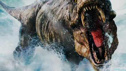 Poseidon Rex movie 2K Quad HD PC desktop wallpaper: a roaring, sea-soaked T. rex bursting from crashing ocean waves.