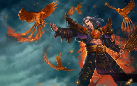 A powerful sorcerer commands a flock of fiery phoenixes amidst a dramatic, smoky background. This stunning image captures the essence of fantasy in a vibrant HD wallpaper.