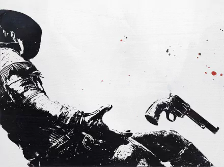 A striking artistic depiction of a cowboy, featuring bold black silhouettes against a splattered white background. Ideal as an HD PC desktop wallpaper and background.