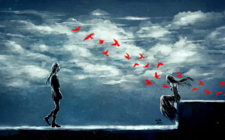 Artistic fantasy HD PC desktop wallpaper and background: two silhouetted figures on opposite ledges as a flock of red birds arcs between them under a brooding cloudy sky.