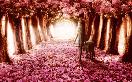 A fantasy HD desktop wallpaper featuring a person and dog walking along a tree-lined path blanketed with pink blossom petals in an artistic, serene setting.