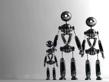 HD PC desktop wallpaper of three sci-fi cyborgs holding hands against a minimalist gray background, blending futuristic technology with a sleek, robotic aesthetic.