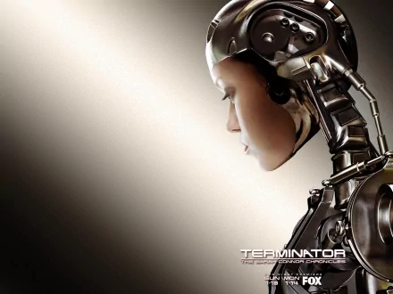 A sleek HD wallpaper featuring a close-up of a robotic character from Terminator: The Sarah Connor Chronicles, showcasing a blend of human and machine elements.