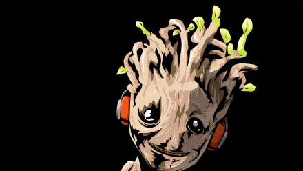 A vibrant 8K Ultra HD comic-style wallpaper featuring Groot, a character with a playful expression and headphones, surrounded by small green sprouts on a dark background.