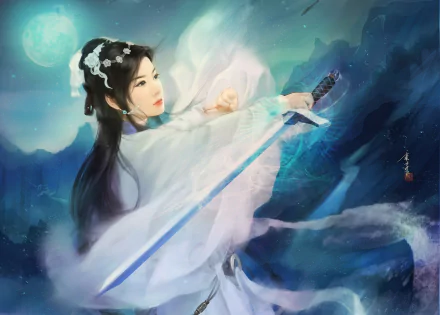 HD PC desktop wallpaper of a fantasy woman warrior wielding a glowing sword, surrounded by mystical blue and white ethereal clouds under a glowing moon.