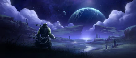 HD PC desktop wallpaper featuring Thrall from World of Warcraft, set against a mystical alien landscape with a large glowing planet and starry sky.