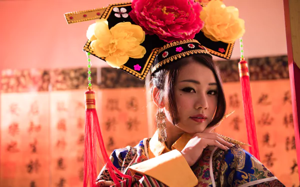 A Taiwanese woman dressed in traditional Chinese costume inspired by Qián Fūrén, captured in vibrant 4K Ultra HD detail as a PC desktop wallpaper.
