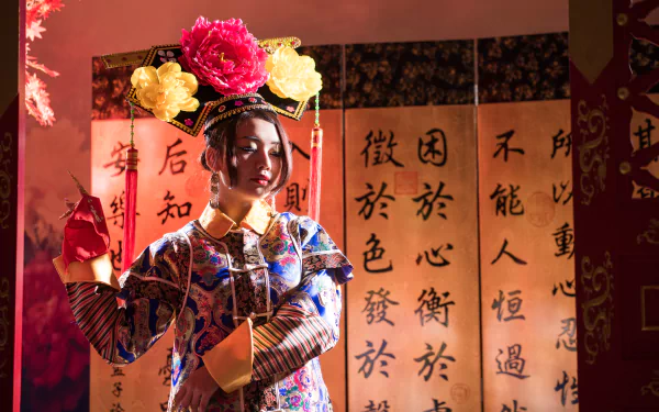 Taiwanese woman in Chinese traditional costume with ornate headdress and fan before calligraphy scrolls — 5K Ultra HD PC desktop wallpaper. Identity (Qián Fūrén) not confirmed.