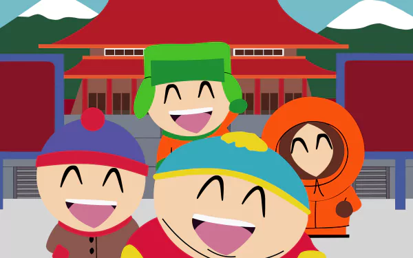 HD wallpaper features Eric Cartman, Stan Marsh, Kenny McCormick, and Kyle Broflovski from the TV show South Park, all smiling in front of a traditional building.