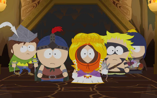 South Park TV show 4K Ultra HD PC wallpaper: Tweek Tweak, Craig Tucker, Kenny McCormick, Stan Marsh and Jimmy Valmer in fantasy costumes standing in a dim dungeon.