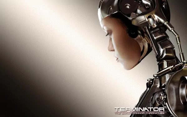 A sleek HD wallpaper featuring a close-up of a robotic character from Terminator: The Sarah Connor Chronicles, showcasing a blend of human and machine elements.