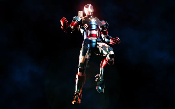 An HD desktop wallpaper featuring the Iron Patriot from the movie Iron Man 3, showcasing a dynamic pose against a dark, atmospheric background.