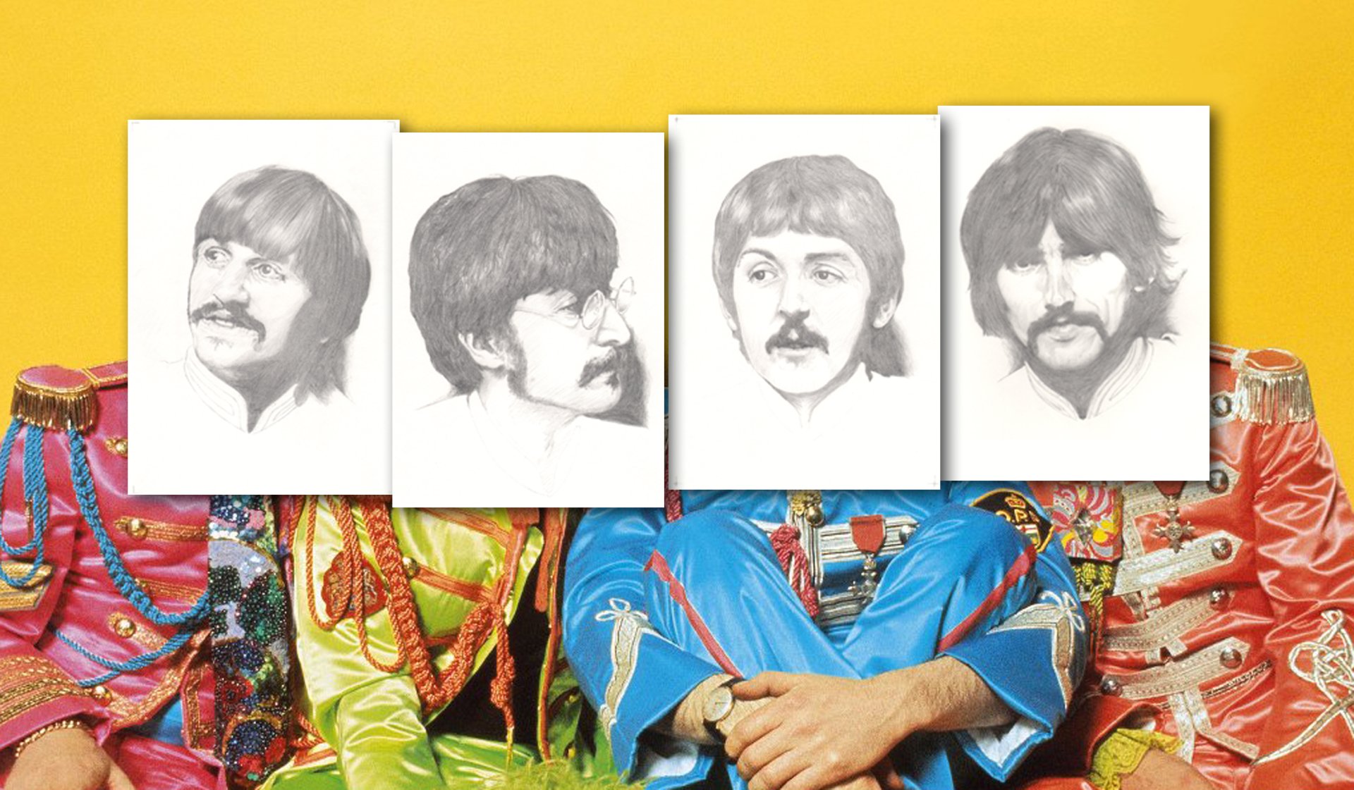 Music-themed 4K Ultra HD PC desktop wallpaper and background: four pencil portraits of male musicians set above vibrant, psychedelic, colorful uniforms.