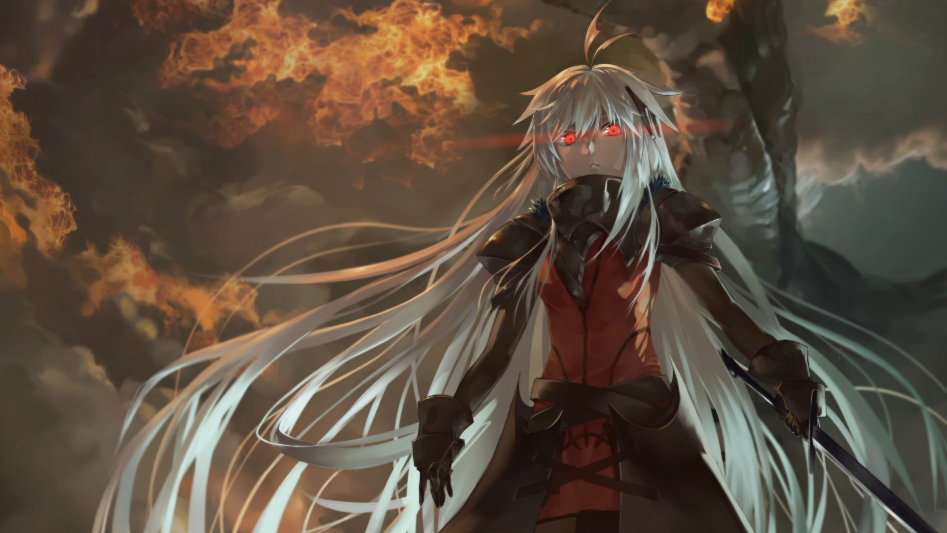An HD anime wallpaper featuring a fierce warrior with white hair and glowing red eyes, wielding a sword against a dramatic, fiery background. Part of the Pixiv Fantasia T series.