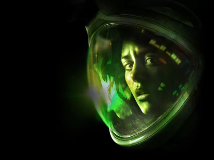 HD PC desktop wallpaper from the video game Alien: Isolation: close-up of a woman's face in a space helmet, green light and HUD reflections against a dark, ominous background.