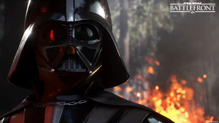 HD wallpaper of Darth Vader from Star Wars Battlefront (2015), featuring a close-up of Vader with a fiery background. The image showcases the character in high detail, tagged for the Star Wars video game.
