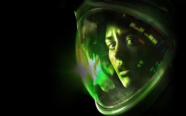 HD PC desktop wallpaper from the video game Alien: Isolation: close-up of a woman's face in a space helmet, green light and HUD reflections against a dark, ominous background.