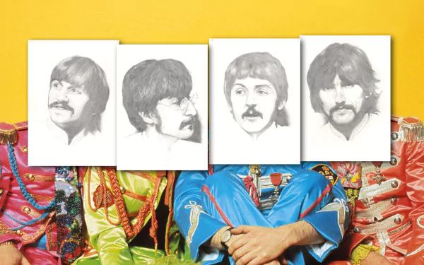 Music-themed 4K Ultra HD PC desktop wallpaper and background: four pencil portraits of male musicians set above vibrant, psychedelic, colorful uniforms.