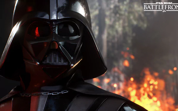 HD wallpaper of Darth Vader from Star Wars Battlefront (2015), featuring a close-up of Vader with a fiery background. The image showcases the character in high detail, tagged for the Star Wars video game.