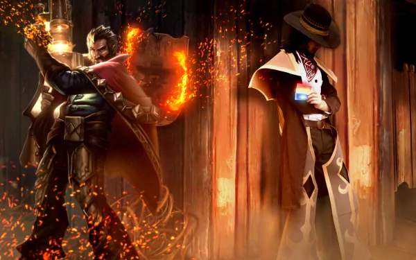 4K Ultra HD League of Legends PC wallpaper featuring Graves and Twisted Fate in dynamic, fiery action poses from the video game.