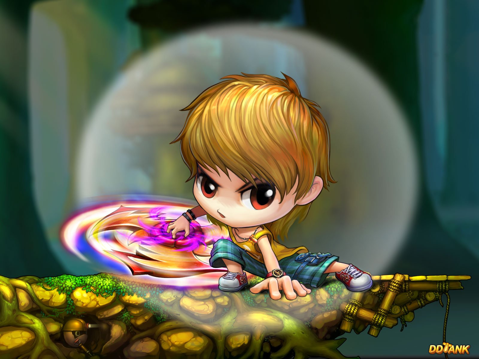 Chibi fighter from the video game DDTank unleashes a swirling rainbow energy attack while crouched on a mossy platform — HD PC desktop wallpaper/background.