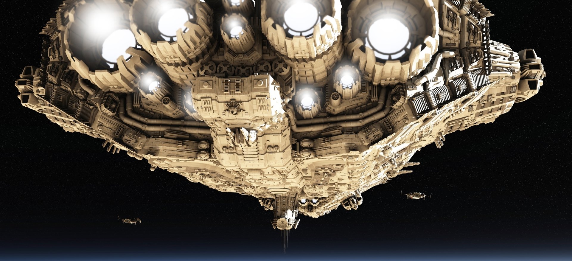 A detailed sci-fi spaceship viewed from below against a dark space background, rendered in stunning 4K Ultra HD for PC desktop wallpaper and background.