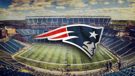 HD desktop wallpaper featuring the New England Patriots logo over a panoramic view of their football stadium filled with spectators under a partly cloudy sky.
