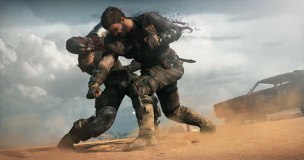 A thrilling scene from the video game Mad Max, showcasing an intense fight between two characters in a desolate landscape, set against a backdrop of a dramatic sky. 4K Ultra HD quality.