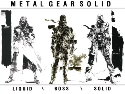 HD PC desktop wallpaper featuring artistic black and white sketches of Metal Gear Solid characters from the Metal Gear video game series, showcasing iconic action poses.