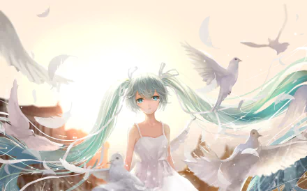 A serene anime scene featuring Hatsune Miku, with long green hair and blue eyes, surrounded by doves against a glowing background, creating a captivating HD wallpaper.