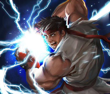 HD desktop wallpaper featuring Ryu from Street Fighter, showcasing the character mid-battle with electrifying energy. This vivid image captures the essence of the iconic video game series.