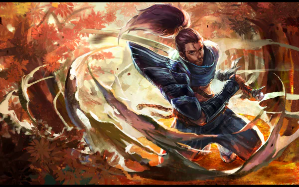 HD wallpaper featuring Yasuo from League of Legends in a dynamic battle stance, surrounded by swirling leaves and vibrant autumn colors.