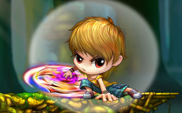 Chibi fighter from the video game DDTank unleashes a swirling rainbow energy attack while crouched on a mossy platform — HD PC desktop wallpaper/background.